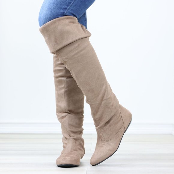 Fold Over Taupe Thigh High Over The Knee Flat No Heel Boots Faux Suede Pointed - Picture 12 of 14